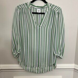 CAbi Style 5893 Awning Stripe Blouse White w/ Green & Black Stripes Size Small